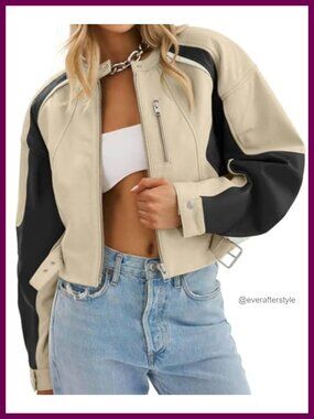 Tankaneo Faux Leather Bomber Jacket Cropped Moto Biker Women's Coat Fall